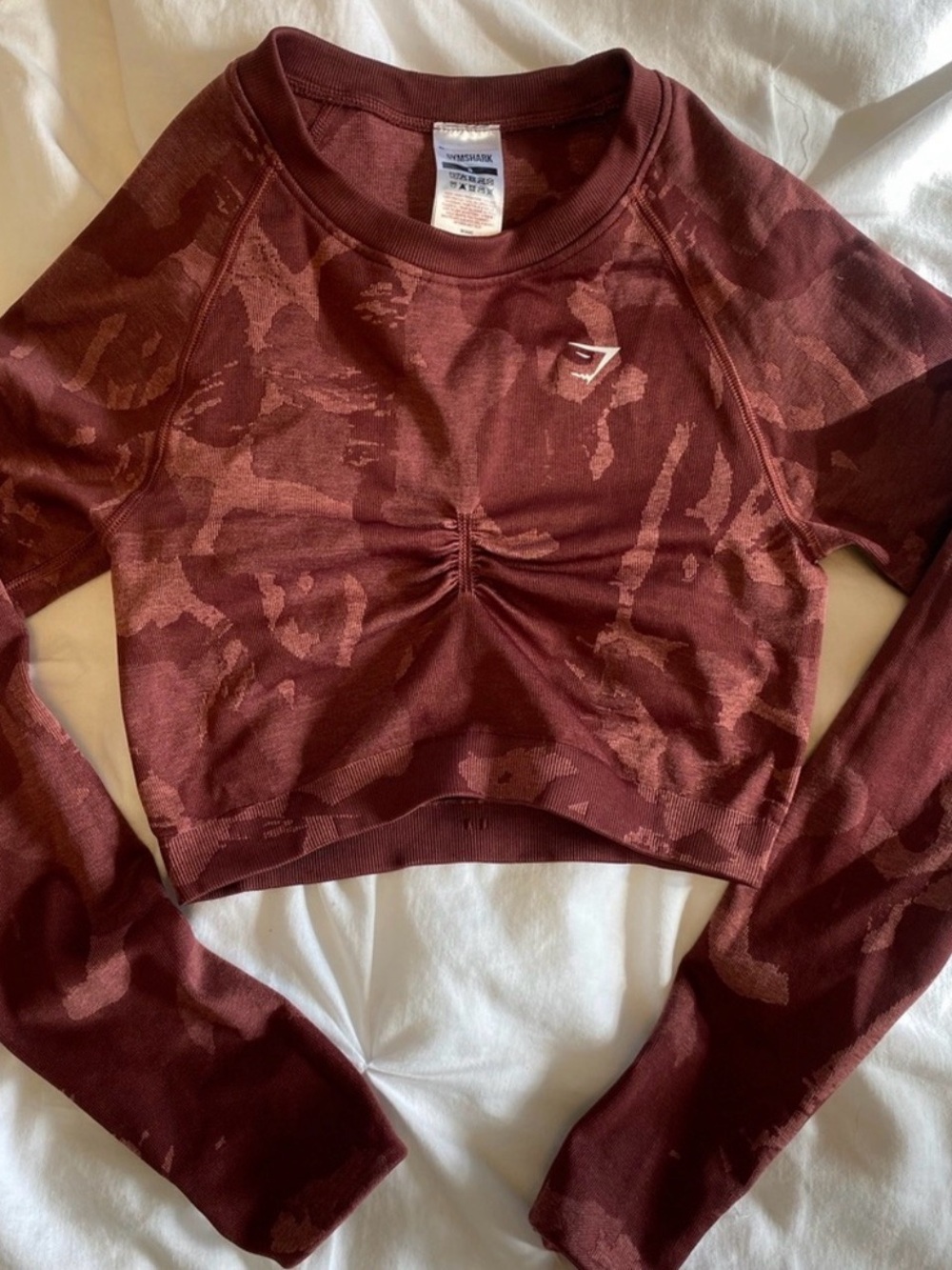 Gymshark Burgundy Camo Ruched Long Sleeve Crop Top
